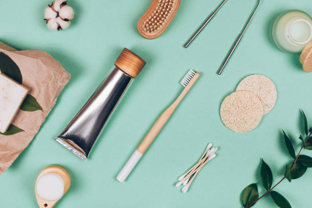 Zero waste cosmetics. Travel set. Flat lay style